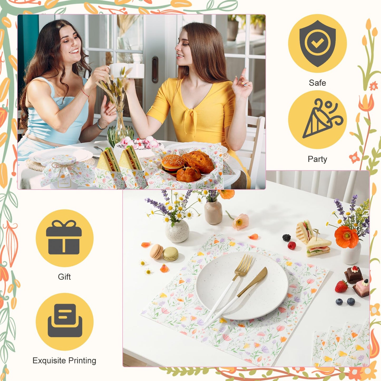 Humyoun 100 Sheet Spring Wildflower Wax Paper for Food Tissue Paper Gift Wrapping Floral DIY Baking Kitchen Package for Spring Wedding Picnic Hamburgers Sandwiches Desserts