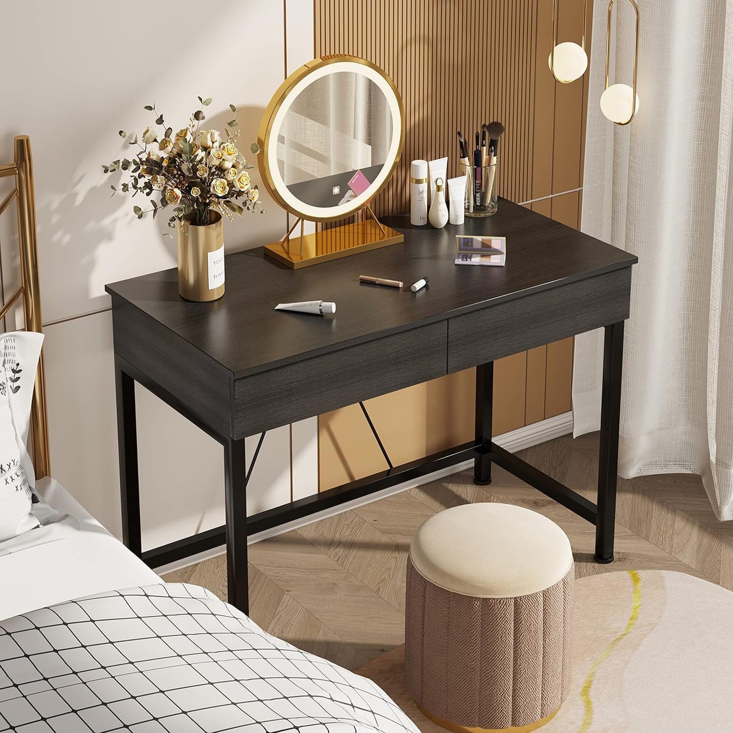 CAIYUN Small Computer Desk with Drawers, 39.4 Inch Home Office Desks with Storage, Simple Modern Kids Desk, Vanity Desk for Bedroom, Work Study Writing Desk Table for Small Spaces (Black, Wooden)