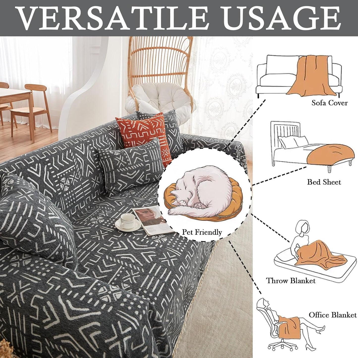 HANDONTIME Black White Boho Sofa Cover Geometric Farmhouse Tassel Couch Covers Boho Living Room Décor Dog Sofa Covers for Slipcover Aesthetic Couch Cushion Cover Couch Protector for Dogs, 71" X134"