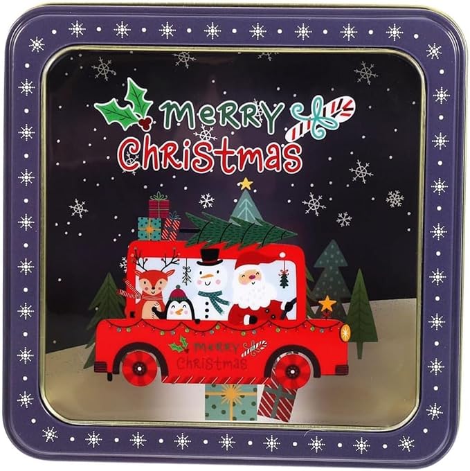 Metal Cookie Tin with Clear Lid – Square Multipurpose Storage Container for Cookies, Candy, Snacks, Chocolate Cake, Crafts – Ideal for Parties & Gift Giving – Merry Christmas Design