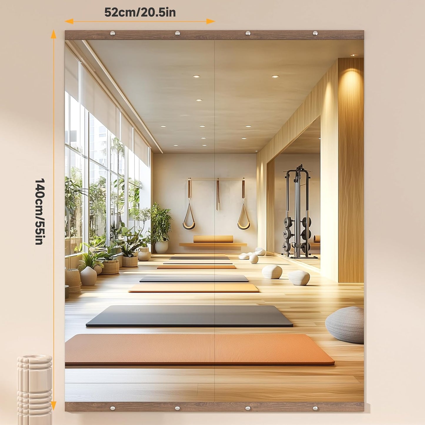 Hasipu 2Pcs 55''x20'' Home Gym Mirror Large Full Length Wall Mounted Full Body Mirror for Yoga Dance Fitness Exercise Studio Bedroom Garage, Frameless Tempered Glass Workout Mirrors Walnut Rectangular
