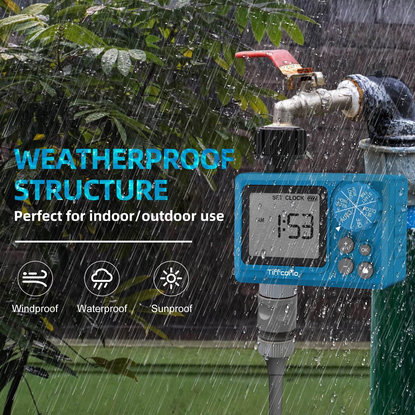 TiFFCOFiO Sprinkler Timer Outdoor, Digital Pogrammable for Garden Hose, Irrigrtion Timer with Rain Delay and Manual Mode (2 Packs)