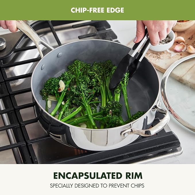 GreenPan Valencia Pro Tri-Ply Stainless Steel 5QT Sauté Pan with Lid, Ceramic Nonstick PFAS-Free Coating, Multi Clad Cookware, Induction, Dishwasher Oven and Broiler Safe