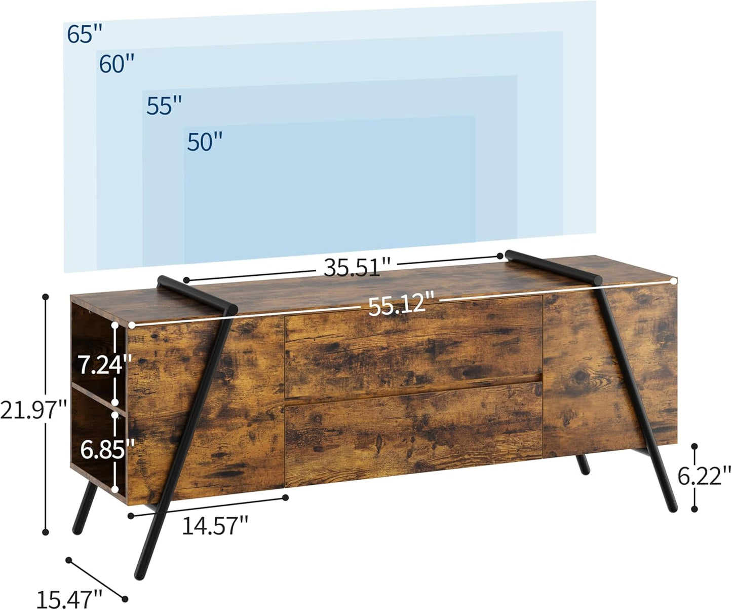 GarveeHome 55" Modern TV Stand with 2 Drawers, Adjustable Shelves, U-Shaped Metal Legs, Farmhouse Entertainment Center, Wooden TV Console for Living Room, Bedroom, Amber Oak