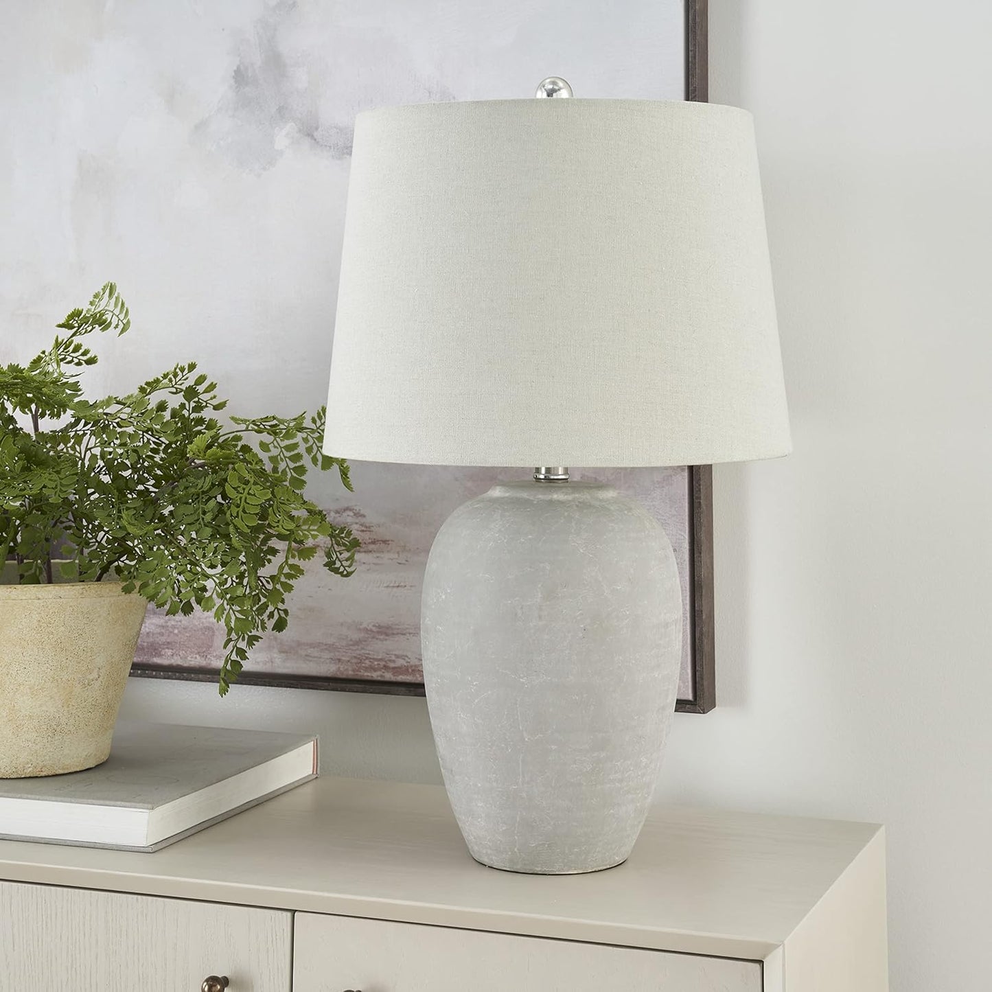 Nourison Home 23" Vintage Grey (White Washed) Ceramic Pot Table Lamp for Bedroom, Living Room, Dining, Office, with Grey Shade