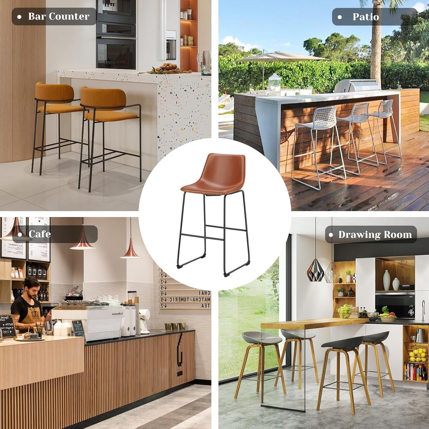 DUMOS 30 Inch Counter Height Bar Stools Set of 4, Modern Faux Leather High Barstools with Back and Metal Leg, Bar Chairs for Kitchen lsland, Elegant Brown
