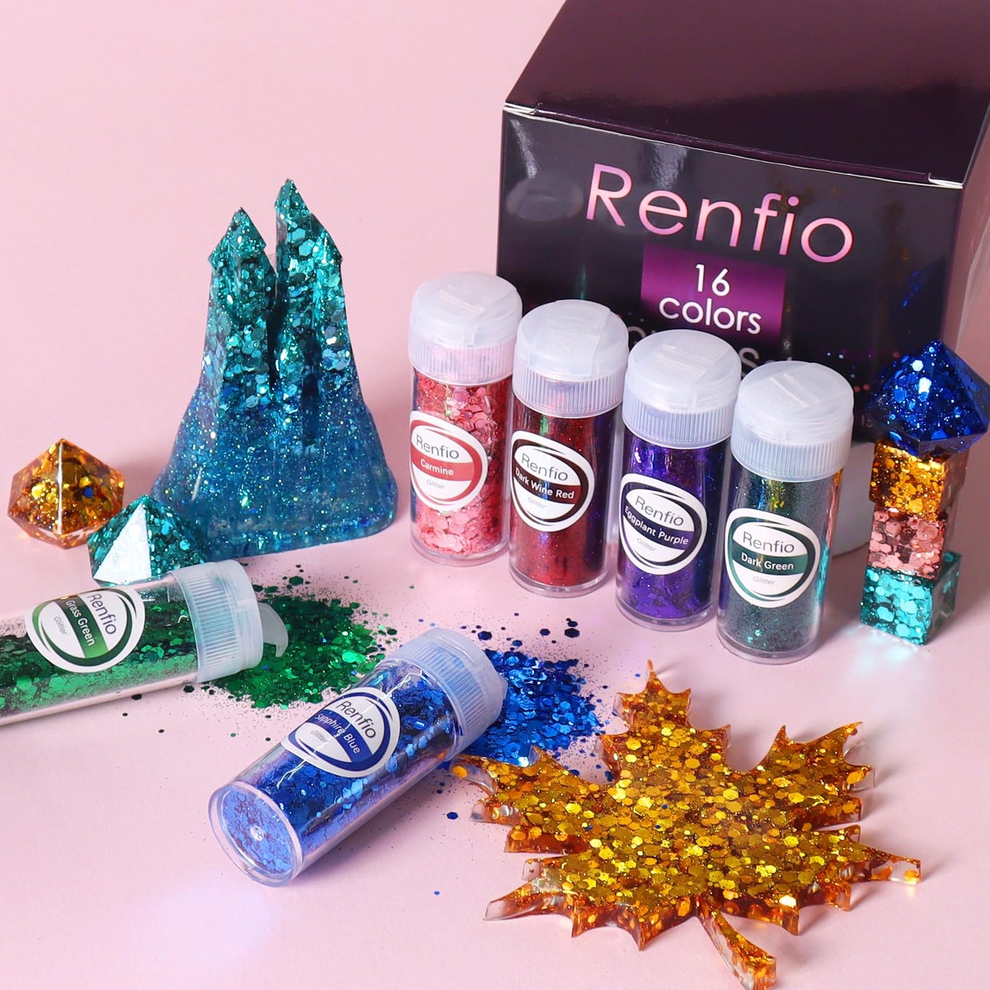 Renfio Chunky Glitter, 16 Colors Resin Glitter Set Each 10g/0.35oz PET Chunky Flakes Sequins Mix Fine Powder for Crafts, Resin Accessories, Snow Globe Tumbler Supplies, Nails