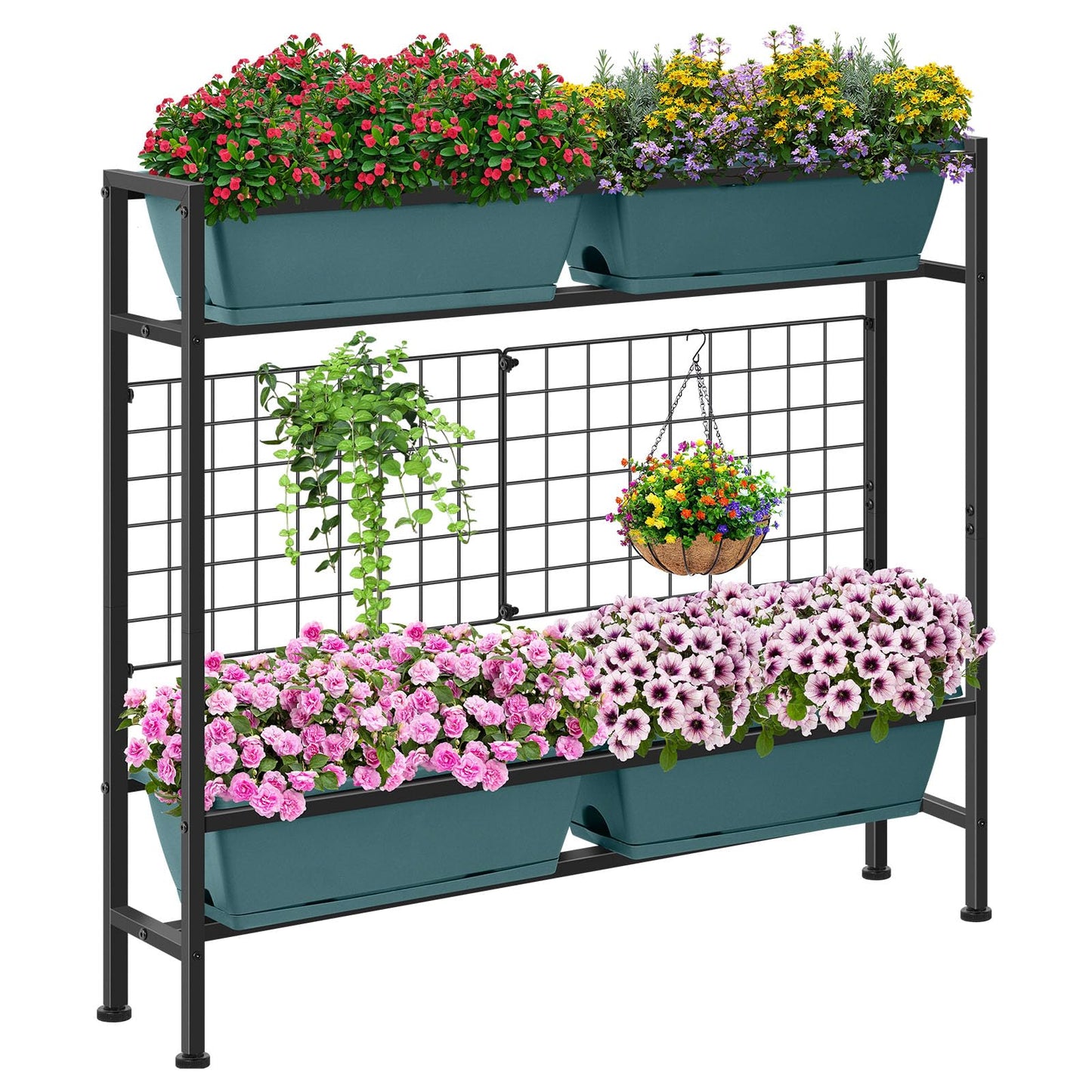 CADUKE Raised Planter Box with Legs, 32" Elevated Vegetable Garden Beds, Raised Garden Bed with Drainage Holes & Trellis, Herb Garden Planter Outdoor for Vegetables, Balcony, Patio, Green