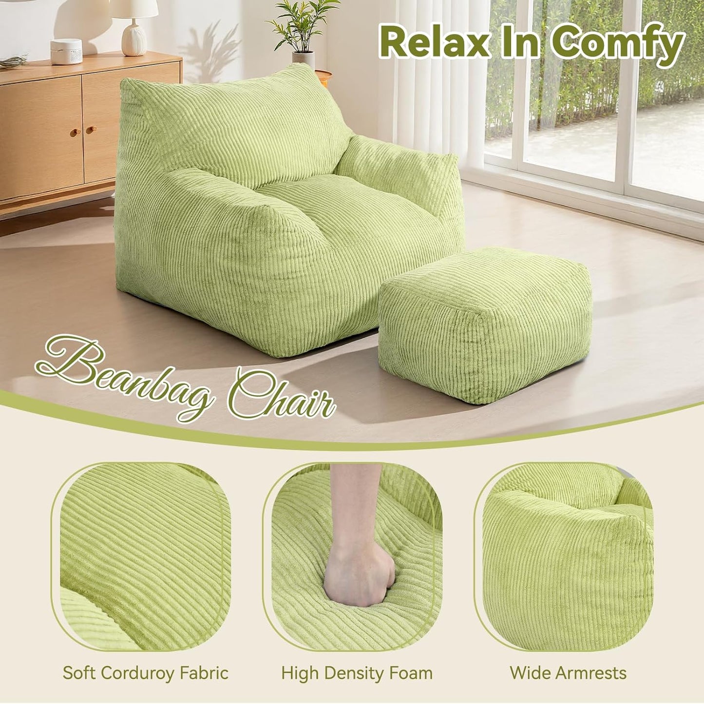 INMOZATA Bean Bag Chair for Adults, 3FT Beanbag Chair with Ottoman Pre-Filled Fluffy Lazy Chair Corded Fabric Accent Chair for Bedroom Living Room Dorm (Green)