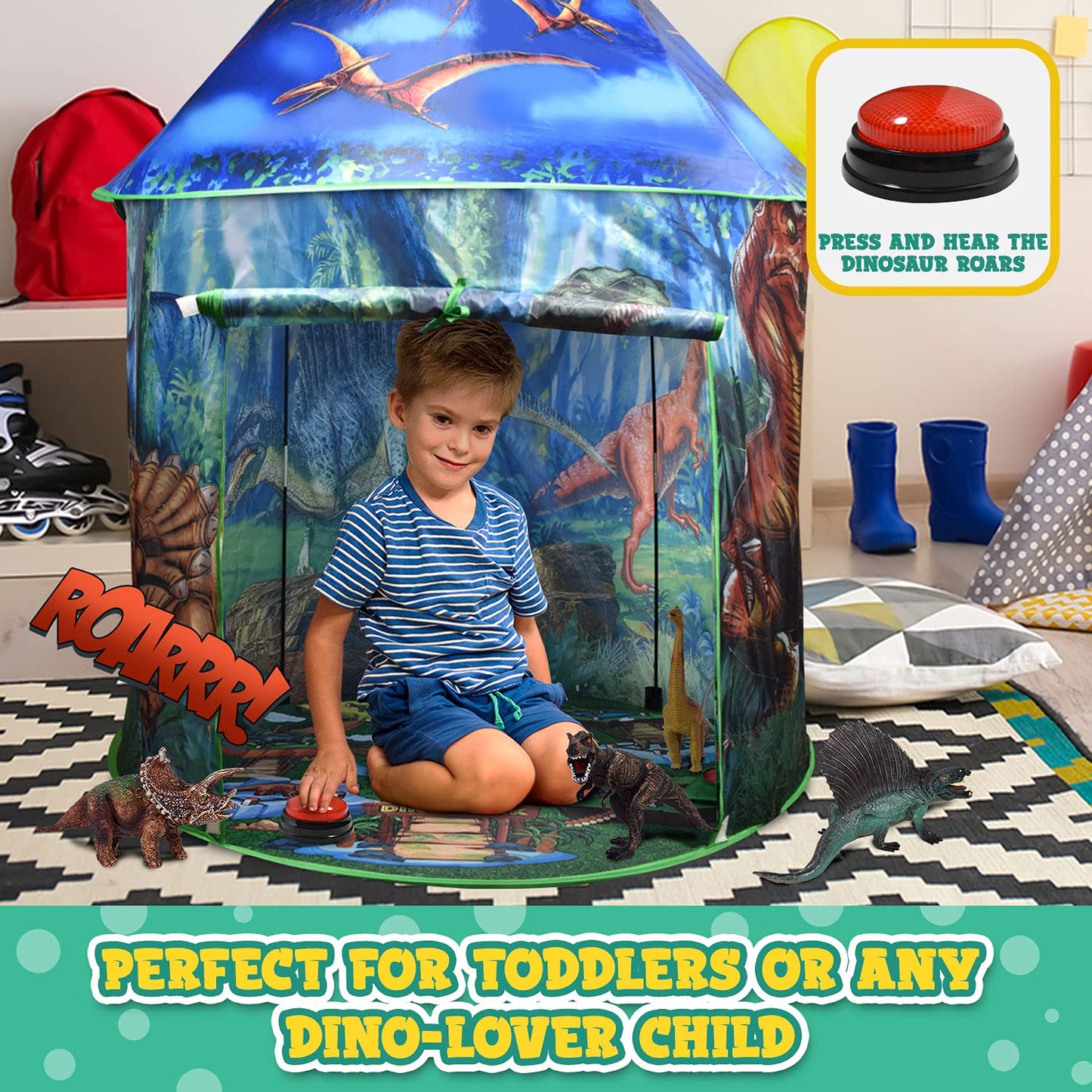 Dinosaur Pop Up Kids’ Play Tent by Toy to Enjoy - Perfect for Indoor & Outdoor. Dinosaur Camping Tent for Toddlers, Boys&Girls. Includes Remote Controlled Lights, Roar Sound Button & 3 Different Toys