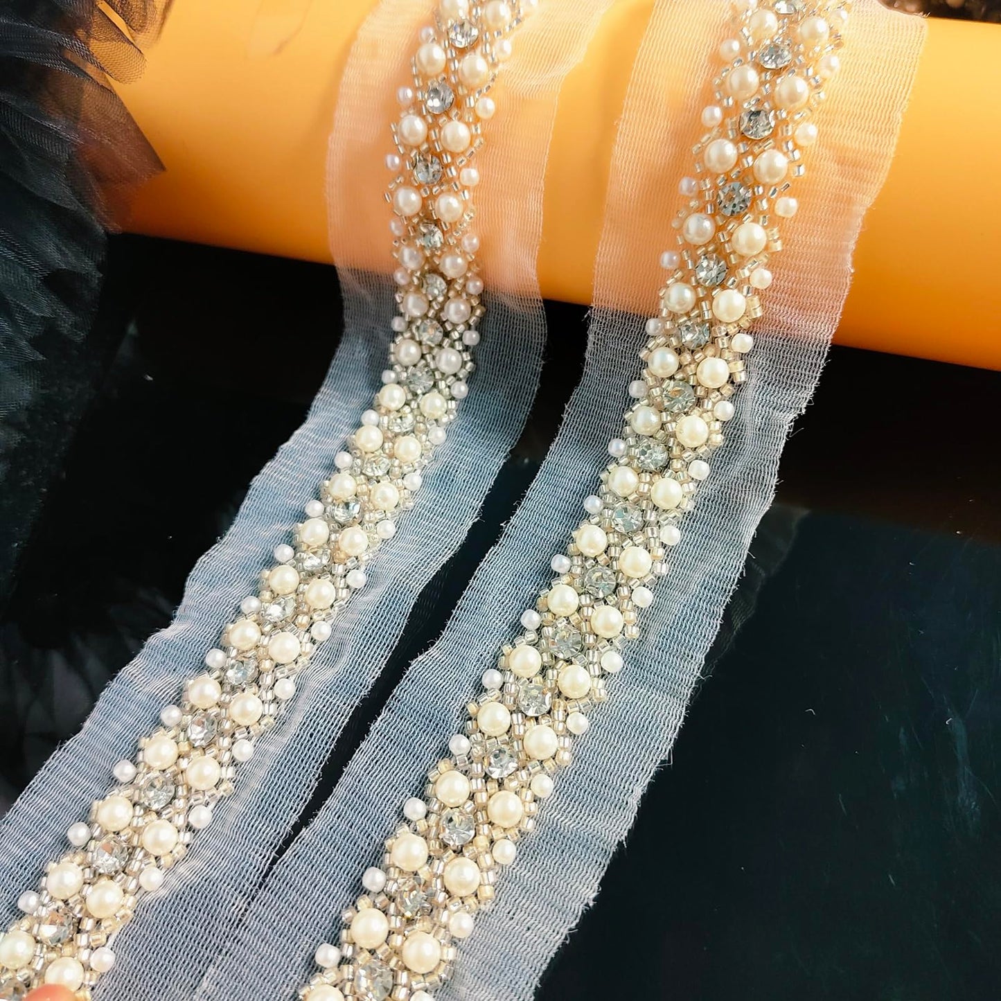 LDDGZS 2cm Woven Pearl Embroidery lace, Flash Diamond DIY Clothing Collar Sleeves Pearl Piping Decorative Strip, Dress, Fashion Clothing Decorative Accessories.(2yards) (White)
