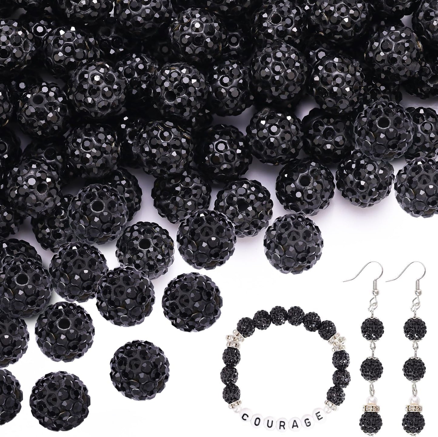200pcs 10mm Black Rhinestone Beads for Jewelry Making, Shiny Round Shamballa Disco Ball Beads Bulk, Sparkle Crystal Clay Christmas for Bracelet Baseball Necklace Earring Crafting and DIY