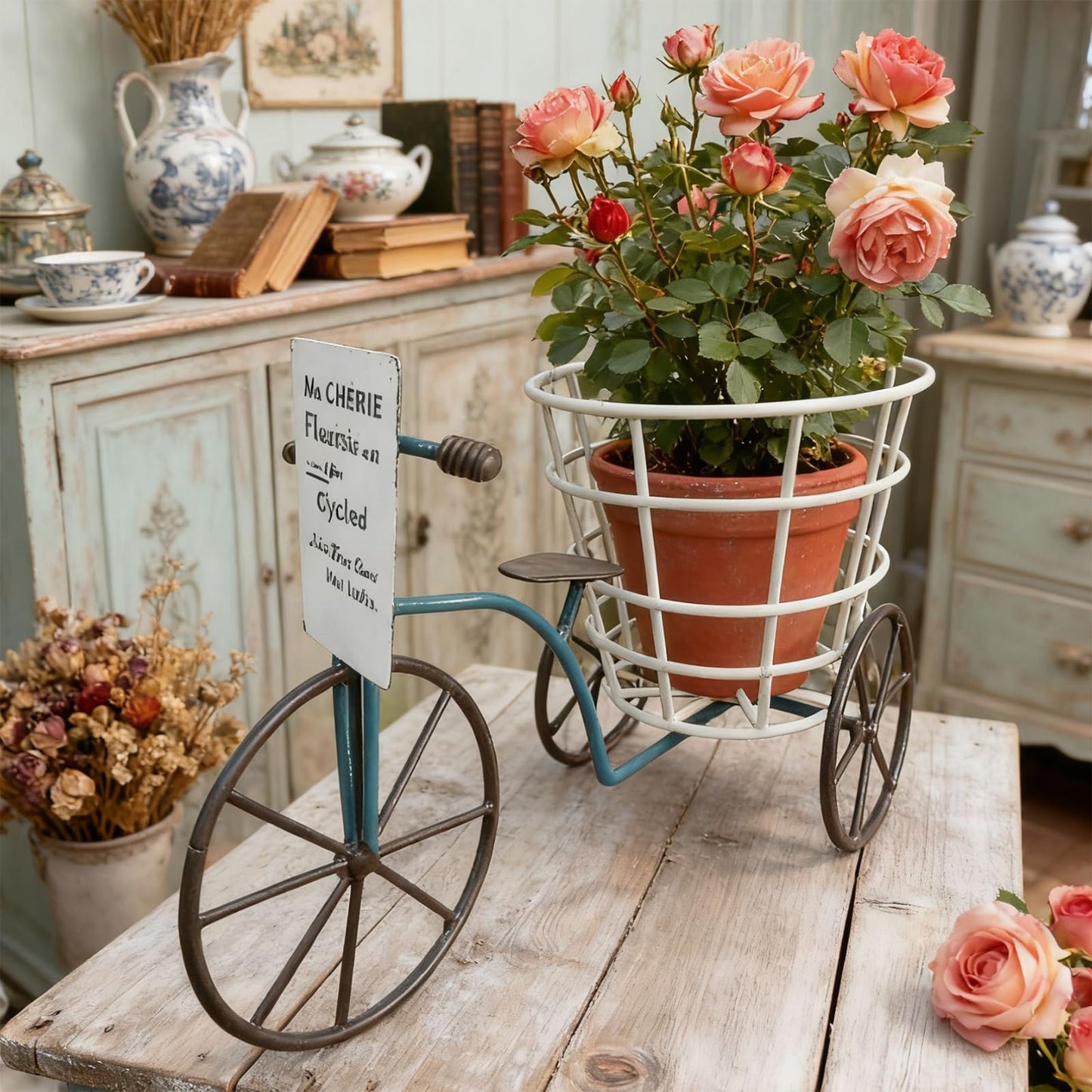 EINCORN Beautiful Iron Tricycle Flower Pots Holder Container with Deeping Basket for Living Room Indoor Outdoor Garden Decoration Beautiful Iron Tricycle Flower Pots Holder Container