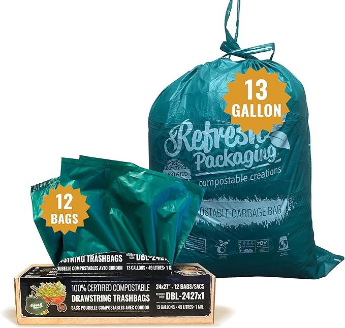 All Purpose Kitchen Trash Bags - 100% Certified Compost Safe Garbage Bag - Yard Waste Green Bin Liners - 10L / 3 Gallons - Drawstring Handles for Easy Use - 20 Bags Per Box