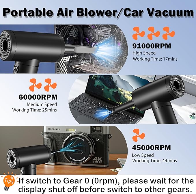 Electric Air Duster Rechargeable 2-in-1 91,000 Super Power Air Blower Cordless with Car Vacuum and LED Light, 7500mAh Battery Electric Duster for PC, Keyboard, House, Car Cleaning - Black