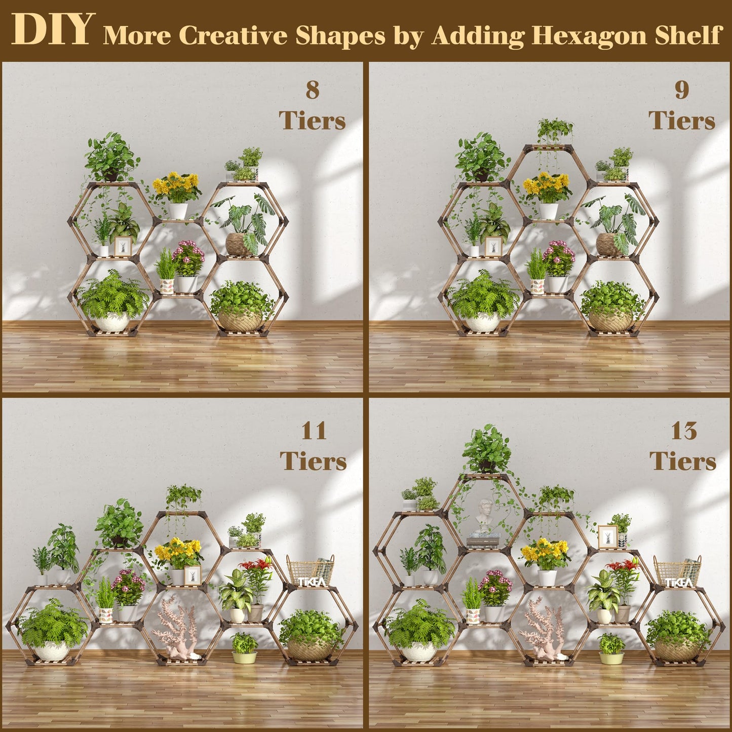 Tikea Plant Stand Indoor Outdoor Hexagonal Plant Stand for Multiple Plants Indoor Large Wooden Plant Shelf 7 Tiered Creative DIY Flowers Stand Rack for Living Room Balcony Patio Window