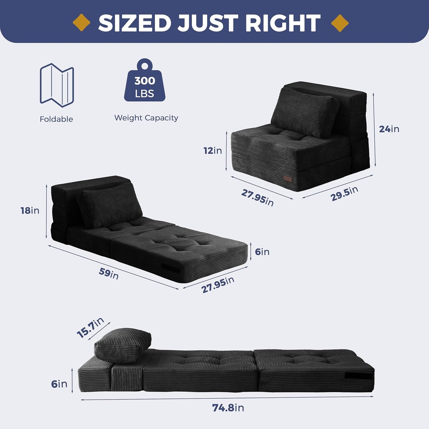 MAXYOYO Convertible Sofa Bed, Fold Out Single Sleeper Sofa with Pillow, 4 in 1 Tufted Folding Couch Bed Foam Floor Couch, Lazy Chair for Living Room Bedroom Guest Room, Black