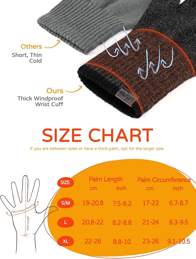 Merino Wool Gloves for Women Men, Touch Screen Warm Glove Liners Thermal Soft Knit Lining for Winter Running Hiking