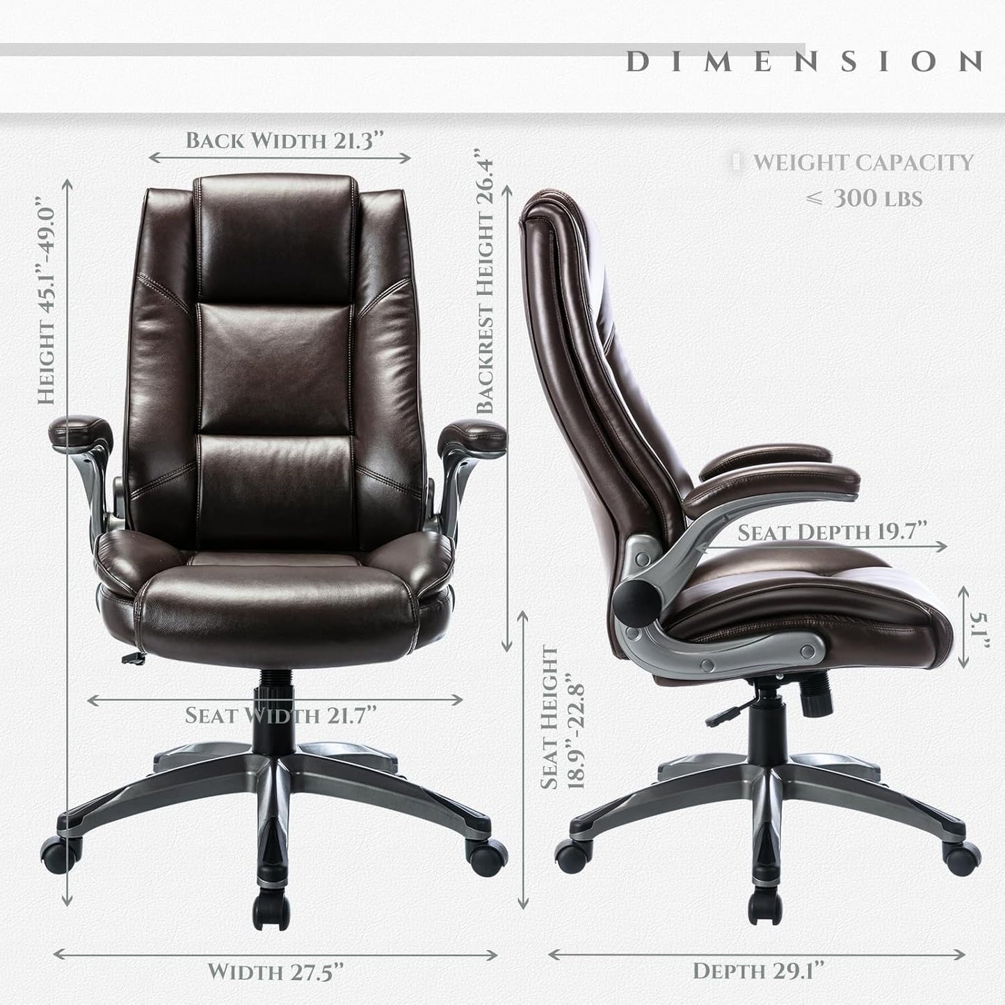 Leather Executive Office Chair - High Back Home Computer Desk Chair with Padded Flip-up Arms, Adjustable Tilt Lock, Swivel Rolling Ergonomic Chair for Adult Working Study, Brown