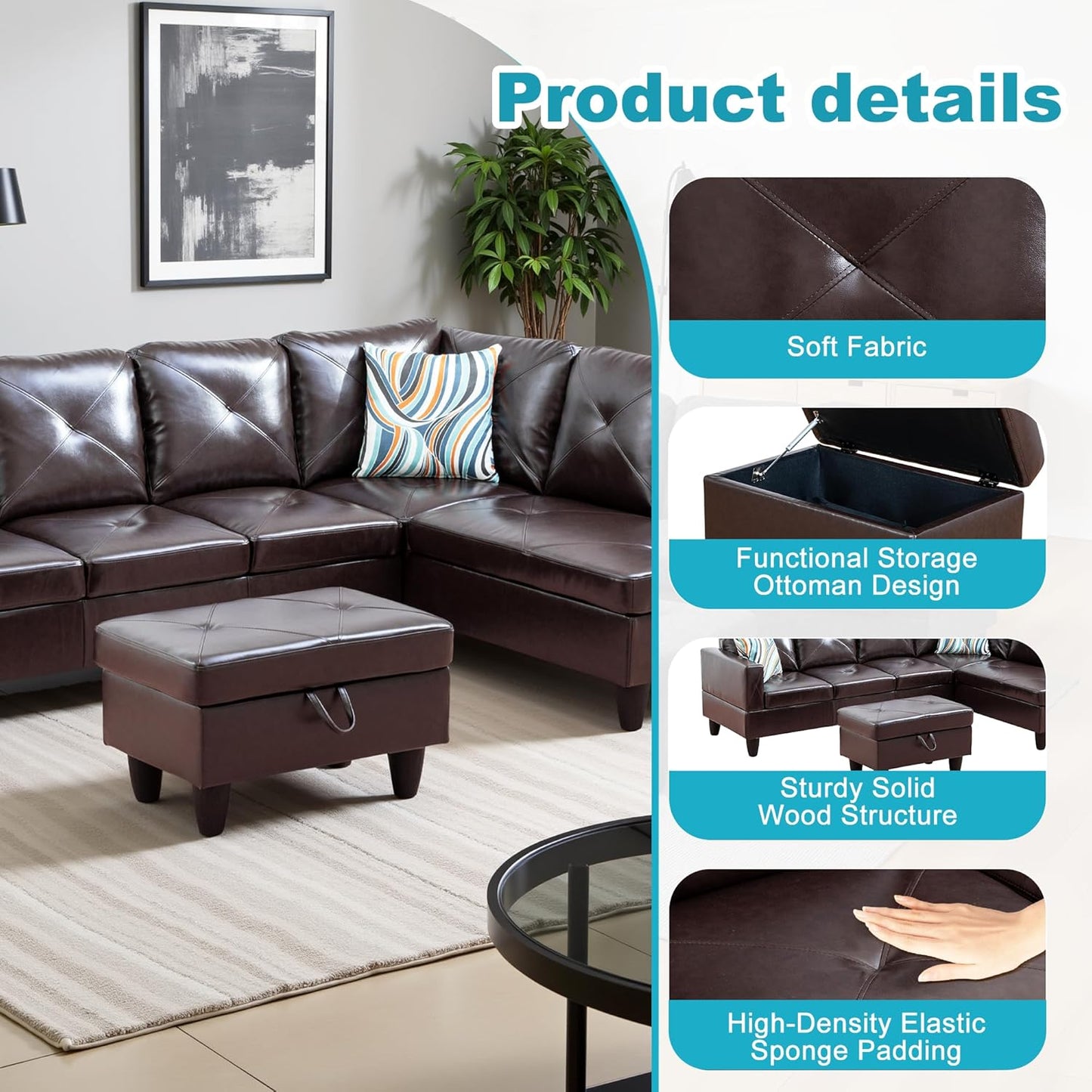 Couches for Living Room Faux Leather L Shaped Couch Comfy 3 Pieces Sectional Sofa with Chaise, Ottoman with Storage for Office and Small Apartment, Brown