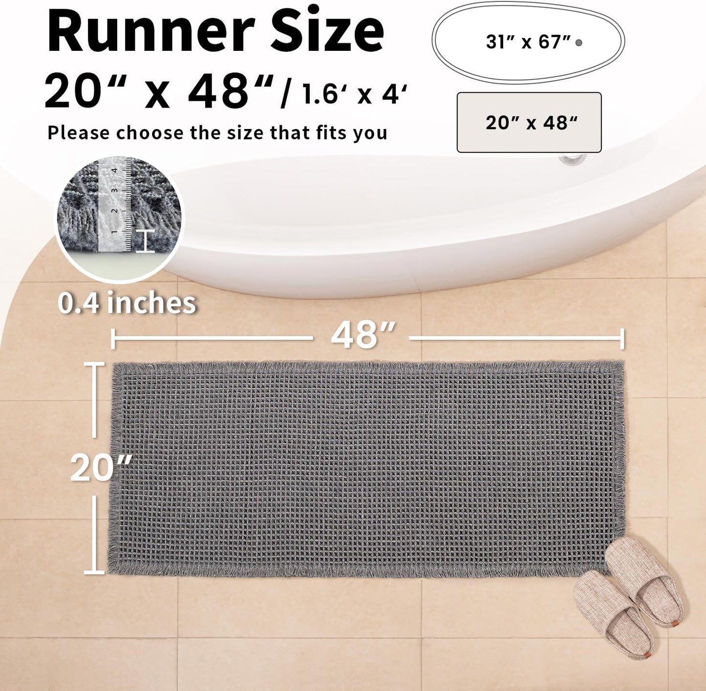 Waffle Bath Mat - Boho Bathroom Rugs Non Slip Washable, Super Absorbent & Quick Dry, Soft Bath Mat Farmhouse Bathroom Decor, 20'' x 48'', Dark Grey