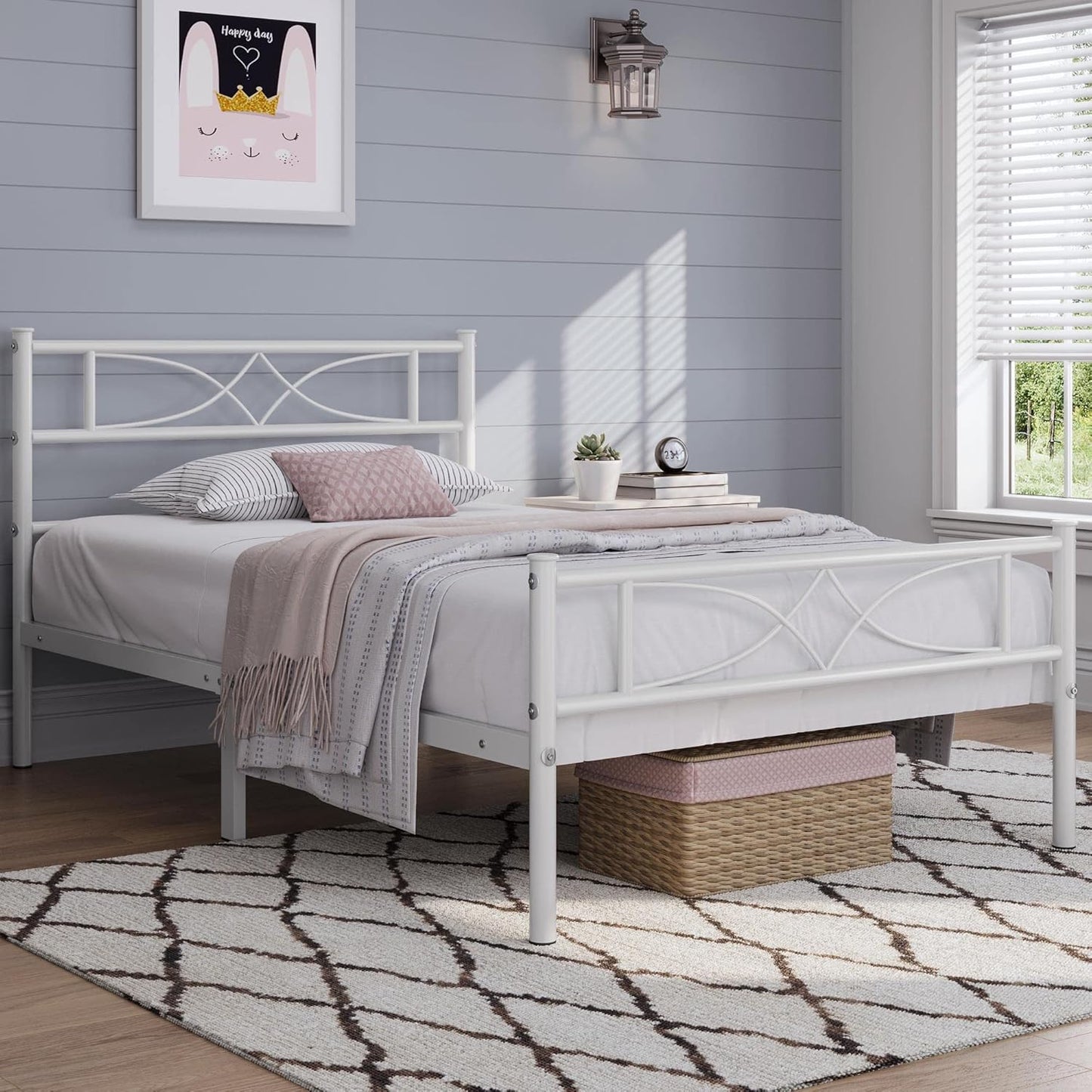 Yaheetech Metal Twin Size Bed Frame, Platform Bed Frame, Mattress Foundation with Curved Design Headboard & Footboard, NO Box Spring Needed, Heavy-Duty Support, Easy Assembly, Twin, White