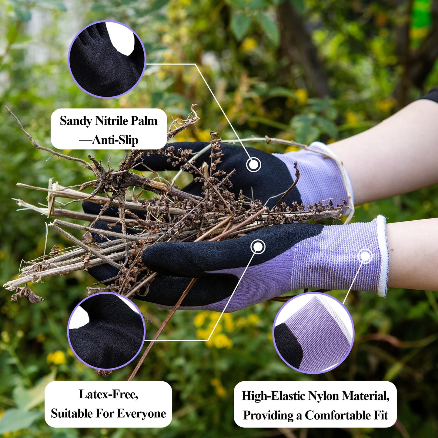 HandLove Gardening Gloves for Women, 6 Pairs, Hyaluronic Acid Moisturizing Gloves, Breathable Nitrile-Coated Grip, Latex-Free Touchscreen, for Weeding, Planting & Yard Work, Medium, Blue&Purple