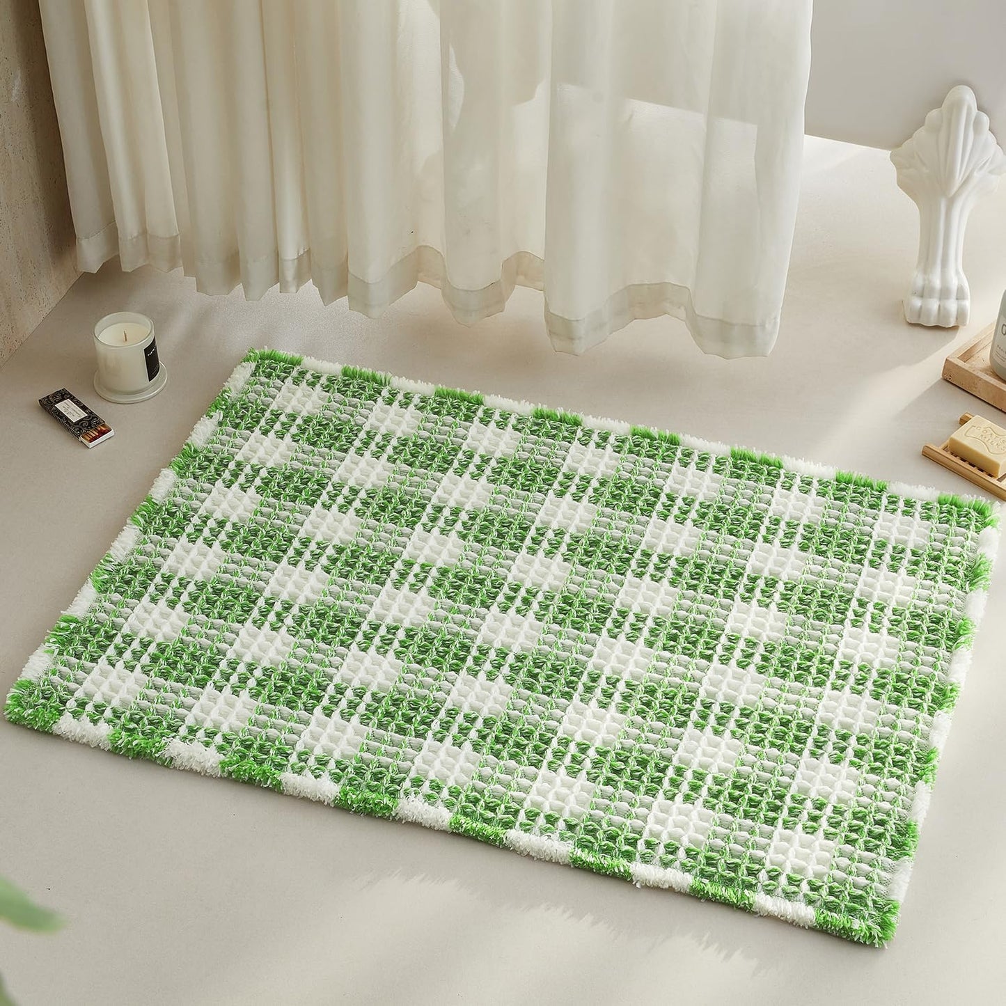 Waffle Bath Mat, Boho Bathroom Rugs Non Slip Washable Absorbent Checkered Bathroom Mat Quick Dry Cute Bath Mat, 36"x24" Green and White
