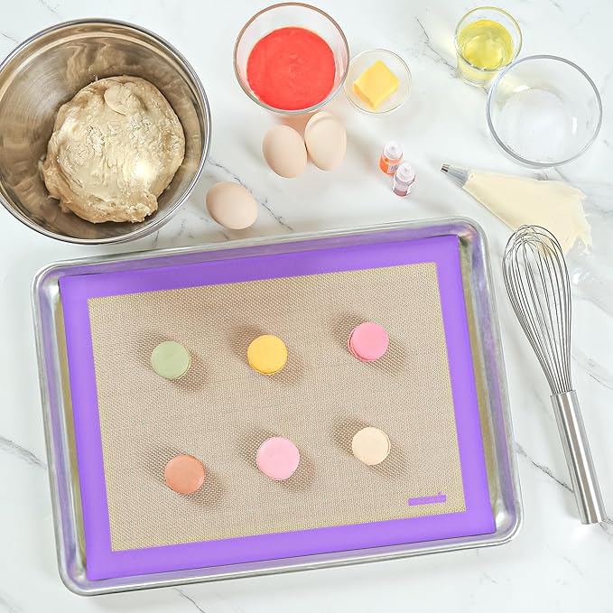 Restaurantware Half Size Baking Mat 1 Heat-Resistant Cooking Mat - Allergen-Safe Reusable And Ultra-Durable Tan And Purple Silicone Nonstick Mat For Pans And Rolling 11.8 x 15.75 Inch