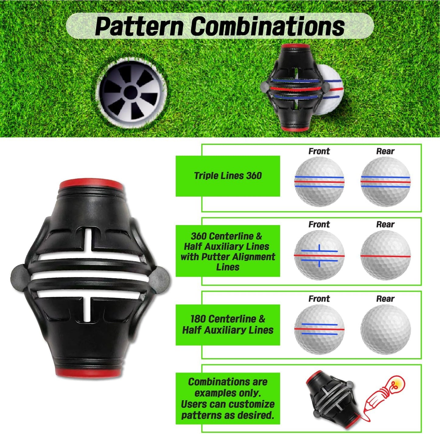 Putt Liner 360 Golf Ball Marker | 360 Degree Line Drawing Alignment Accessory Tool Identification Multicolor Triple Line Golf Gift Premium Quality