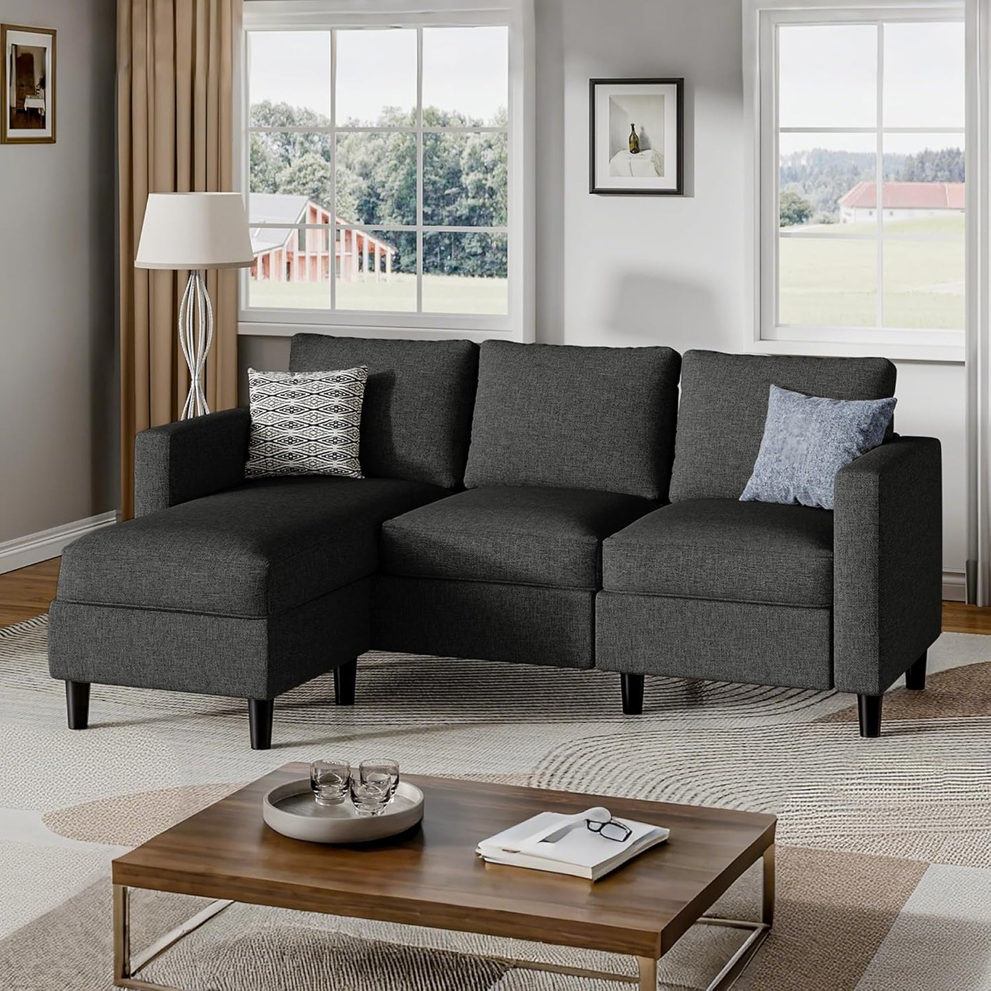 Small Sectional Sofa Couch, 3 Seat L Shaped Couches with Ottoman, Upholstered Fabric Convertible Sofa, Small Couch for Apartments, Living Room and Office (Black)