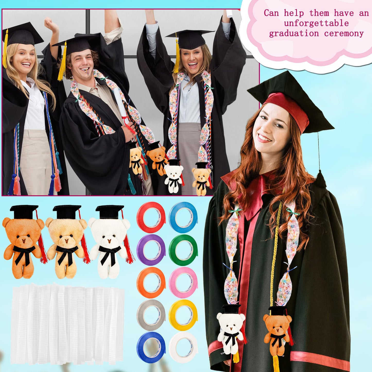 Conagel 89 Pcs Graduation Stuffed Bear Candy Lei Making Kit Included 55 pcs 66 ft Candy Lei Tubing Mesh Bags 10 Colors Ribbon 24 Graduation Bears for DIY Graduation Wreaths Party Favors