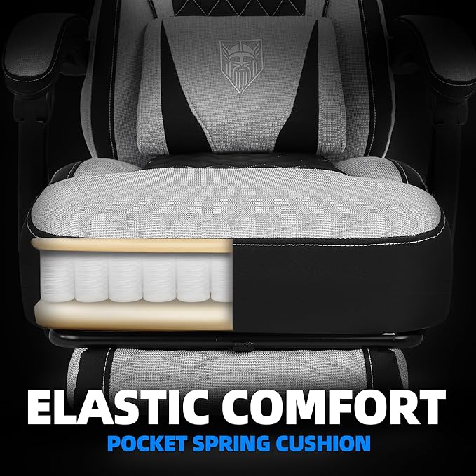 Vonesse Gaming Chair, Reclining Fabric Gaming Chairs for Adults 250LBS, Office Chair with Pocket Spring Cushion, Computer Chair with Footrest and Massage Lumbar Support (Light Gray)