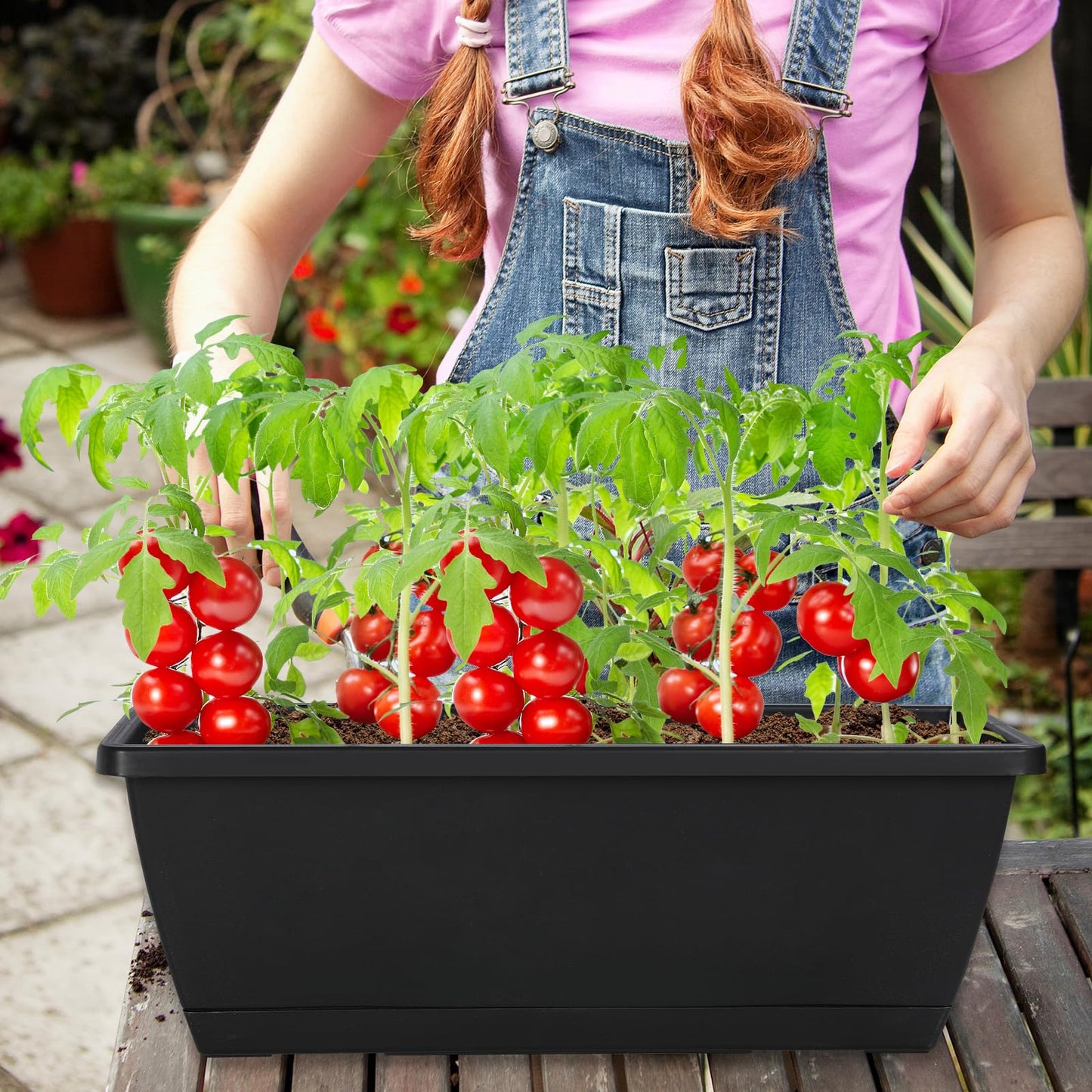Lysjtsr 12Pcs 17Inches Rectangle Planter Box with Drainage Holes and Trays Plastic Planters Flower Boxes Pots for Indoor Outdoor Plants Patio Garden Home Decor Porch Yard (Red)