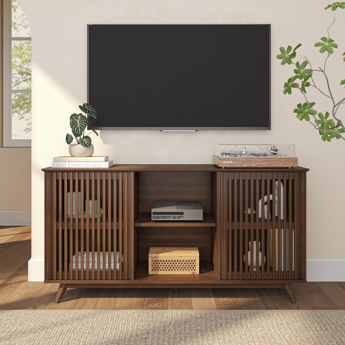 Plank+Beam Mid-Century Modern Wood TV Stand, Solid Wood Entertainment Console with Storage, 59" L x 16" W x 30" H, Walnut