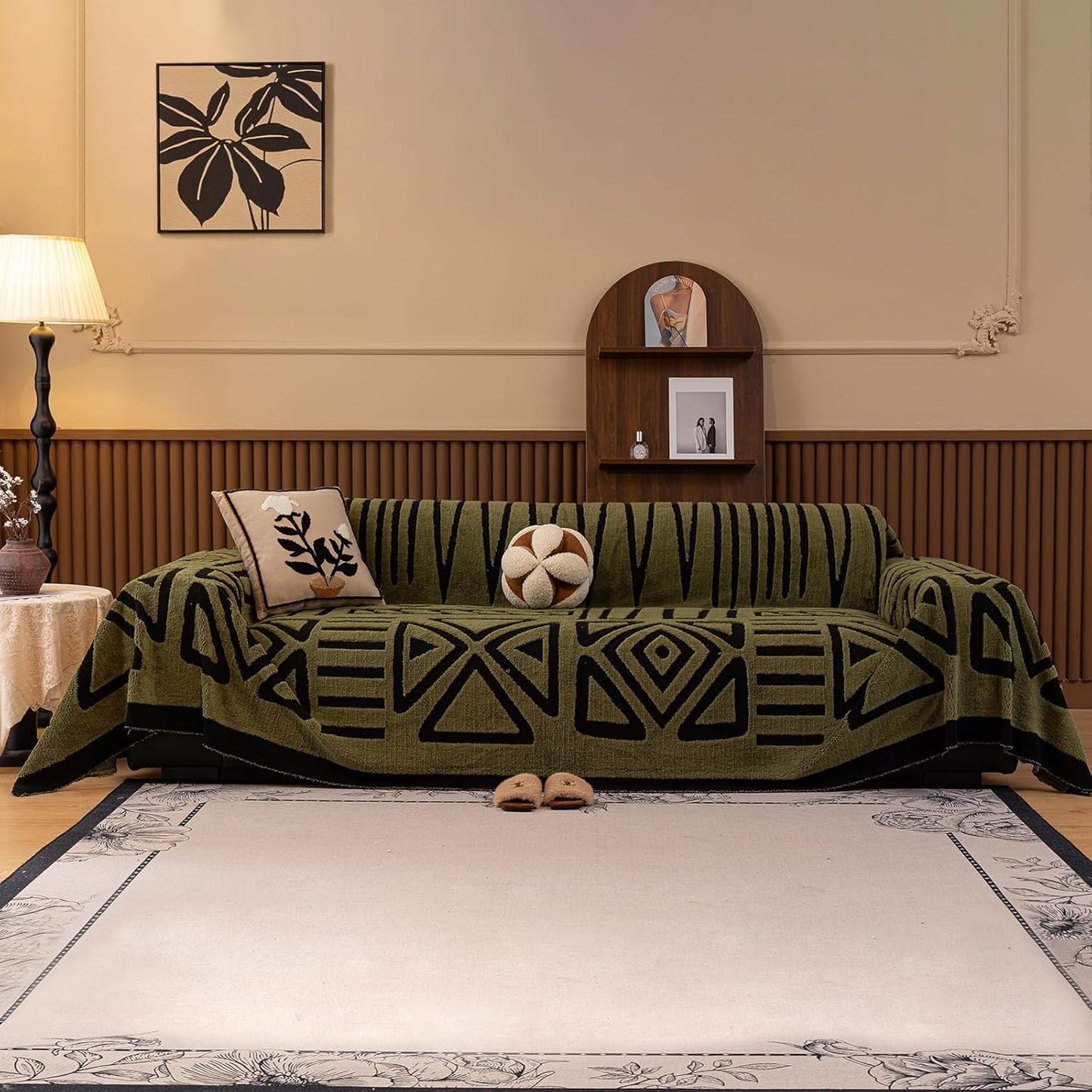 HANDONTIME Olive Green Sofa Covers for Sectional Sofa Boho Couch Cover for Dogs Christmas Green Throw Couch Cover Shu Velveteen Black Loveseat Covers Short Plush L Shaped Cover Washable, 71" X118"