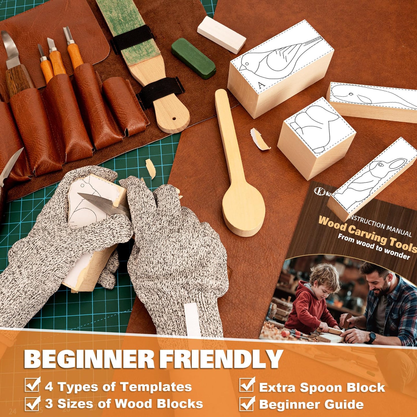 Wood Carving Kit, 32Pcs Wood Carving Tools with Storage Bag, Wood Whittling Knife Kit with 4pcs Templates & 11pcs Wood Carving Knives for Wood DIY Beginners