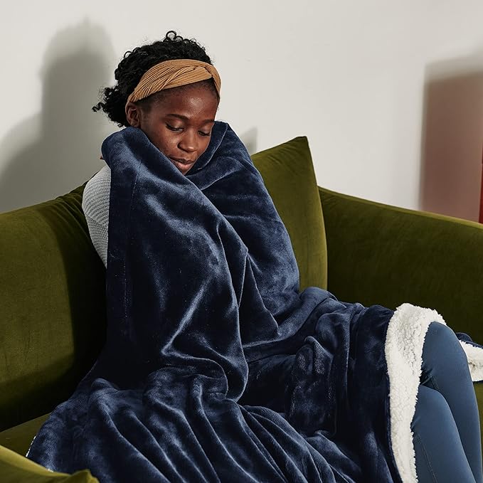 Bedsure GentleSoft Sherpa Fleece Throw Blanket Twin Size for Couch - Thick and Warm Throw for Women and Men, Soft Fuzzy Plush Twin Blanket for Winter, Non-Heated, Navy, 60x80 Inches
