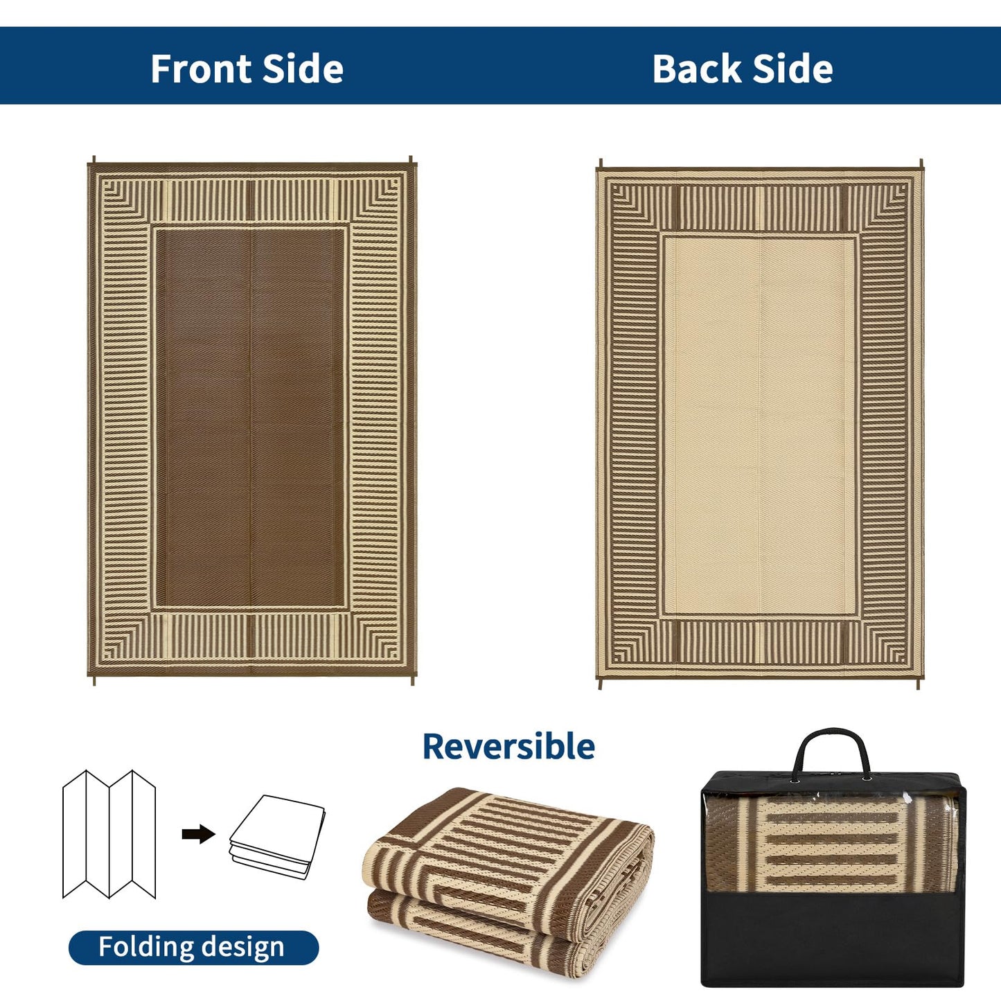 IDEALHOUSE Outdoor Rug 9'x18' Reversible Portable Lightweight Waterproof UV Resistant Plastic Straw Patio Mat for RV Camping Picnic Deck Backyard Peony Brown