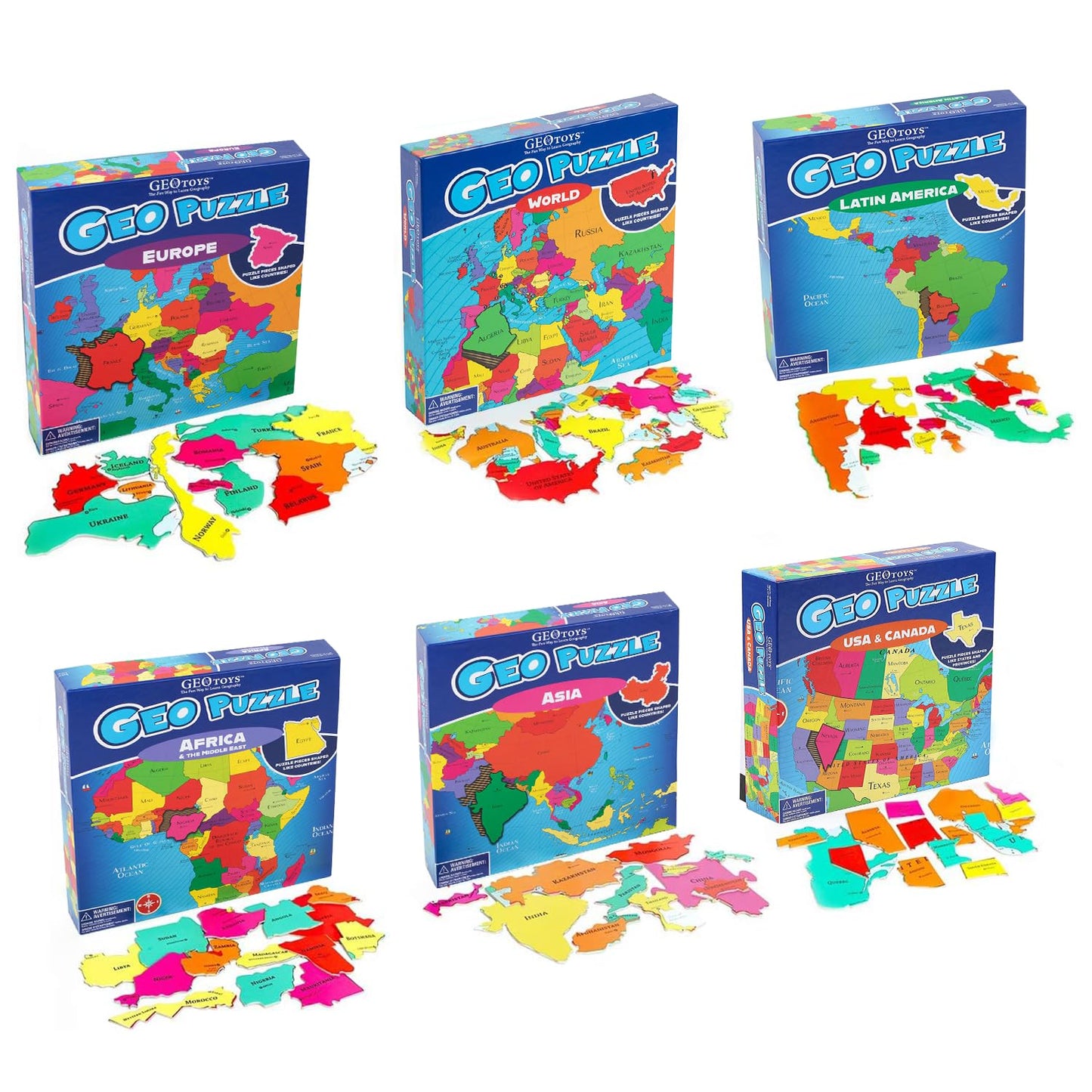 GeoToys GeoPuzzle, Country Jigsaw Puzzles Set of 6, Geography Game & Map Puzzle, Educational Games & Kids Learning Activities, Puzzle Gifts for Children Ages 6-9, Fun Learning Toys for Kids