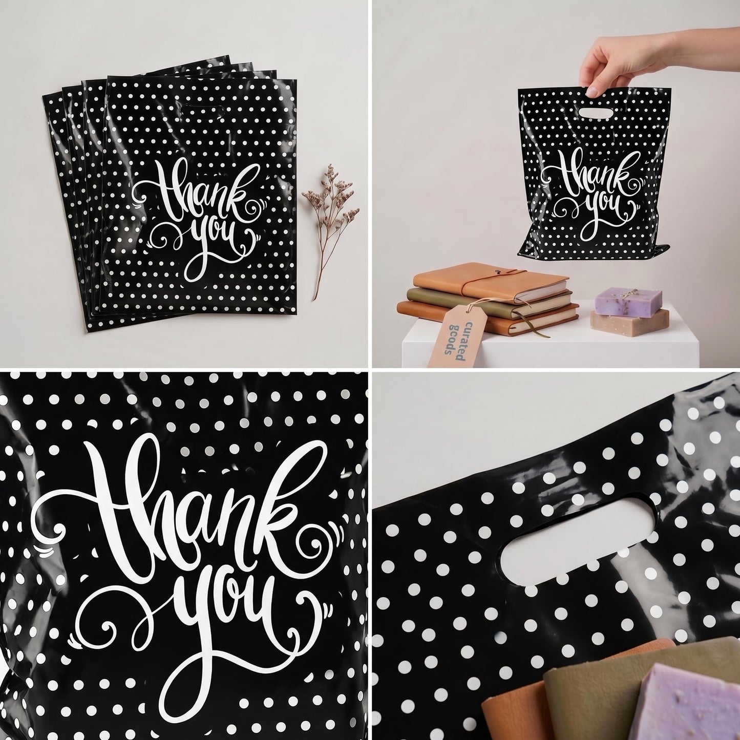 Camtoms Small Thank You Bags With Handles (9x12) - Glossy Plastic Retail Merchandise Bags for Jewelry, Boutique Accessories, Party Favors - White Bulk Packaging