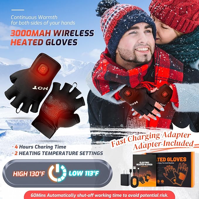 Heated Gloves for Men Women- Rechargeable Electric Full&Half Hands Heated Gloves Outdoor Work Arthritis Pain Relief Hot Compress Hand Warmers for Cycling Skiing Hunting