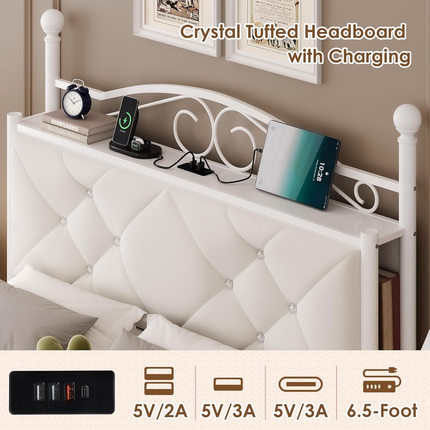 Full Upholstered Canopy Bed Frame with 2 Drawers & Crystal Tufted Storage Headboard Metal Platform Bed with Charging Station & 4 Removable Posts No Box Spring Needed Curtain Not Included, Beige