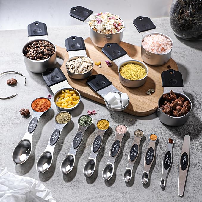 Measuring Cups and Spoons Set Including 8 Stainless Steel Magnetic Measuring Cups 8 Double Sided Magnetic Measuring Spoons with 1 Leveler for Dry and Liquid Ingredients