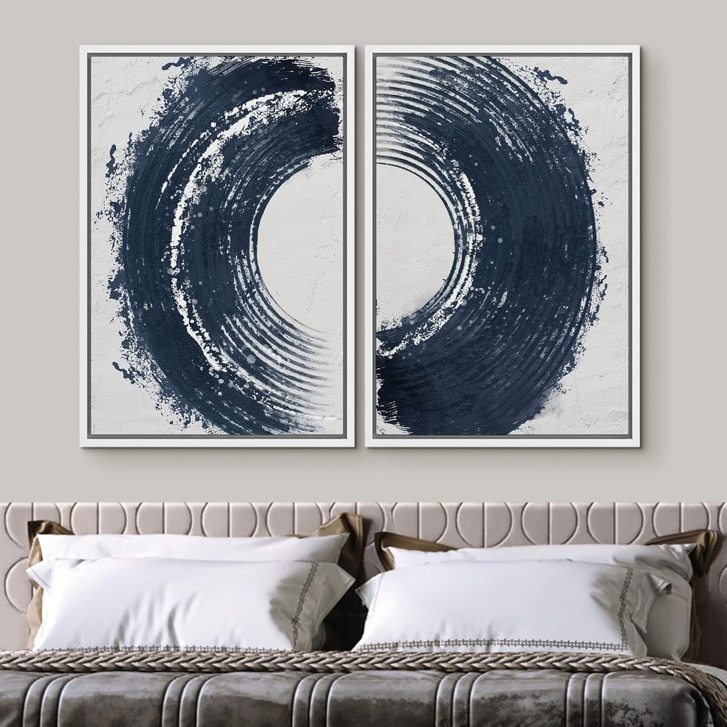 SIGNWIN Framed Canvas Print Wall Art Set Black Gray Pastel Paint Stroke Spiral Ring Abstract Shapes Illustrations Modern Minimal Decorative for Living Room, Bedroom, Office - 24"x36"x2 White