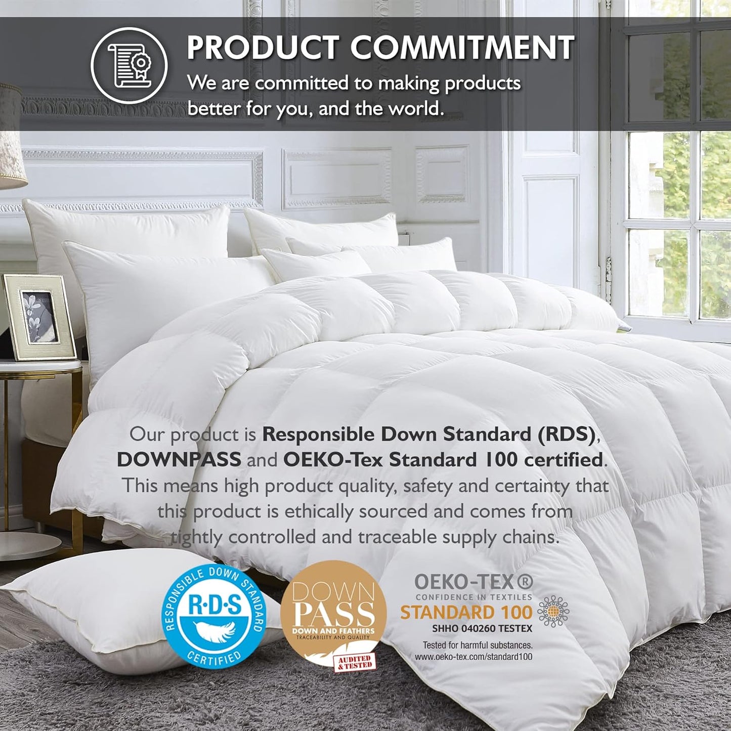 Luxurious White Solid Medium Weight, Oversize California King Size Goose Feathers Down Comforter for All-Season, 108 X 98 inches, Premium Baffle Box, 100% Egyptian Cotton Cover, 80 oz. Fill Weight