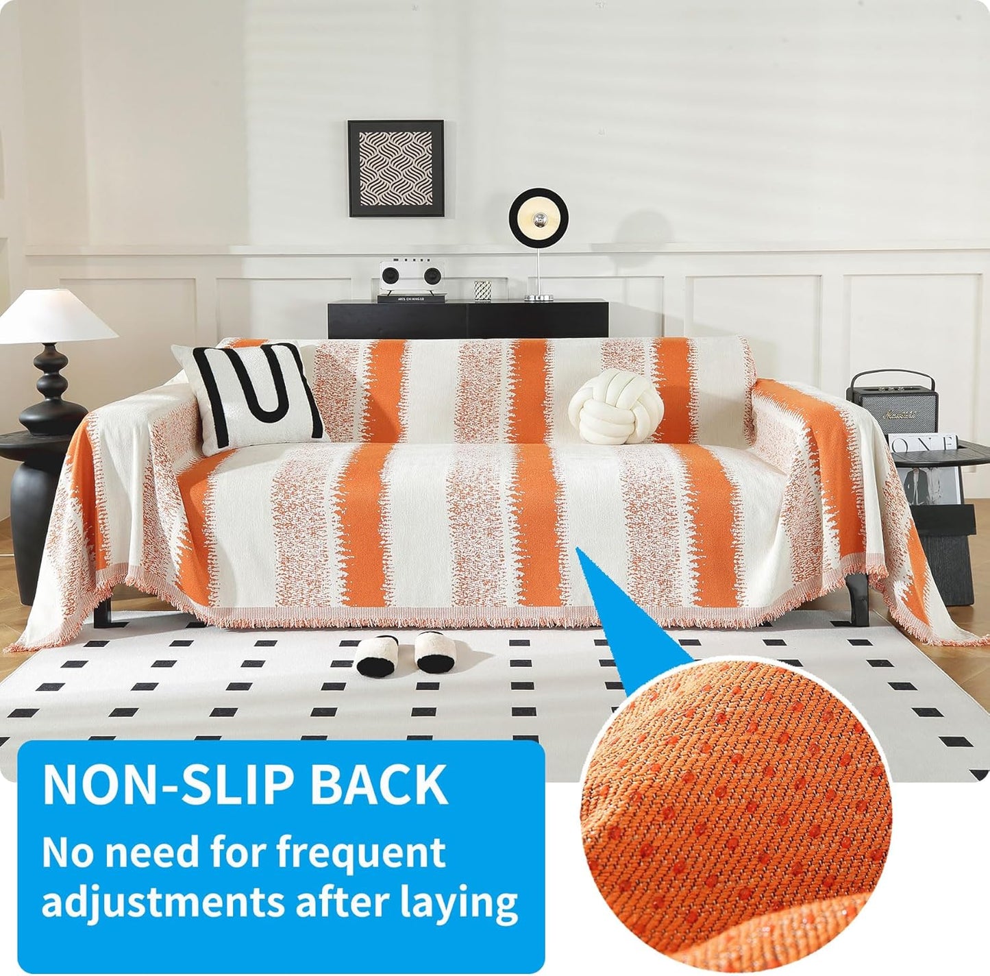 LUFEIJIASHI Boho Couch Covers for Sofa Non Slip Sofa Covers Washable Couch Covers for 3 Cushion Couch Sofa Pet Friendly Sectional Couch Cover Blanket Furniture Protector for Dogs (Orange, 91"x134")