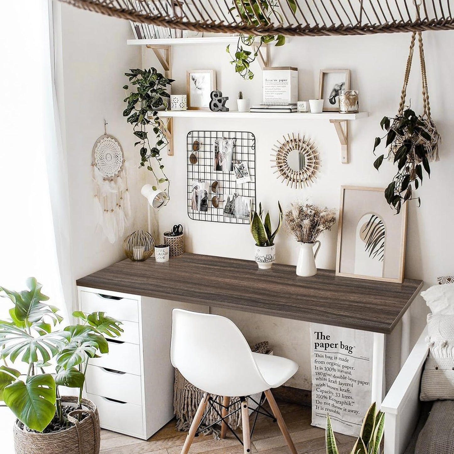 Kaboon Universal Tabletop 55"x23.62" Solid One-Piece Melamine Table Top, Double Desk L-Desk DIY, Home and Office Countertop,Eucalyptus