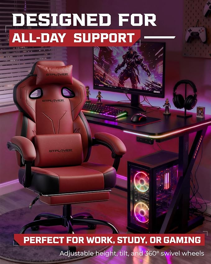 GTPLAYER Gaming Chair, Computer Chair with Footrest and Lumbar Support for Adults, 360°-Swivel Big & Tall Reclining Seat for Office or Gaming (Wine Red)