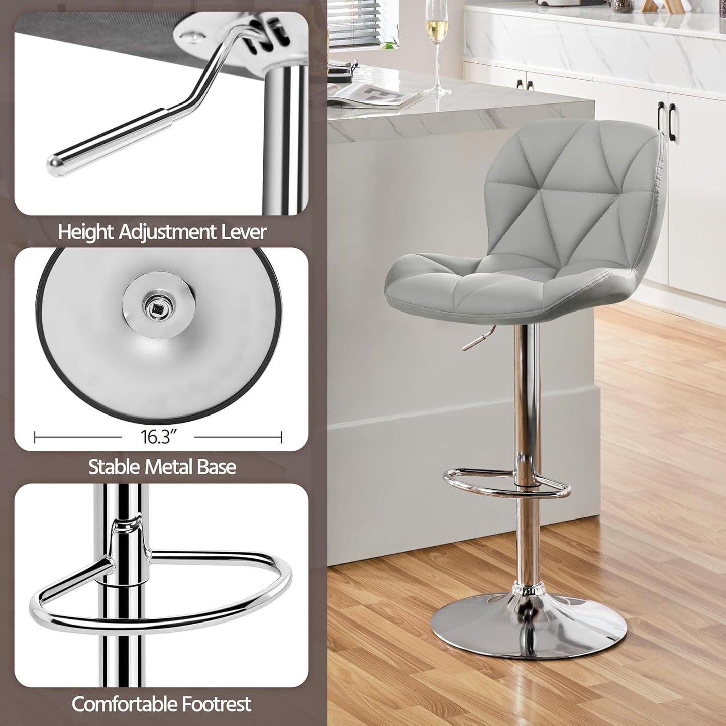 Yaheetech Grey Bar Stools Set of 2, PU Leather Bar Chairs with Backrest, Height Adjustable Swivel Island Stools for Bar, Kitchen Counter, Light Grey
